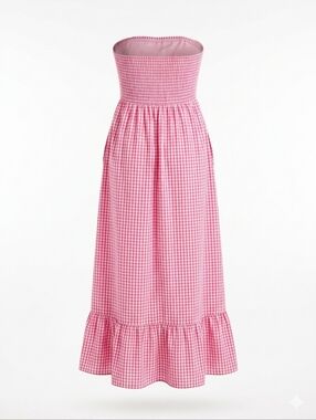 NWT Raviya Pink Gingham Strapless Smocked Maxi Dress L Cottagecore Resortwear